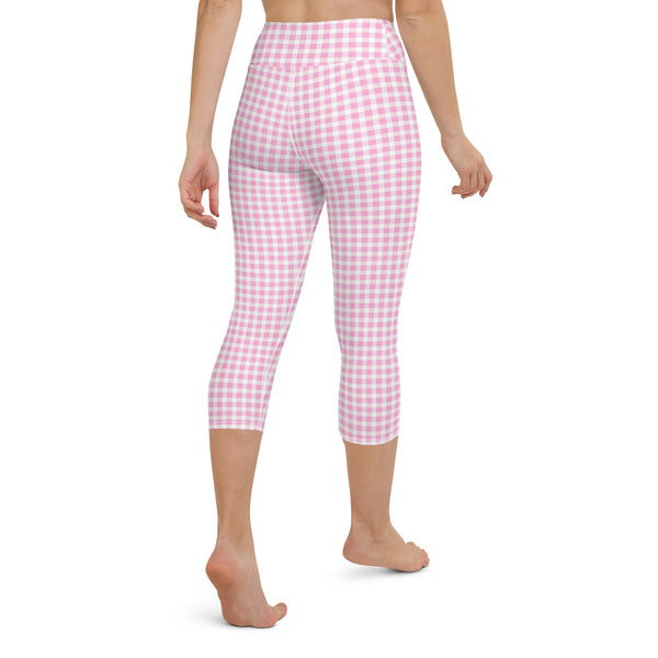 Scalloped Gingham Yoga Capri Leggings Light Pink