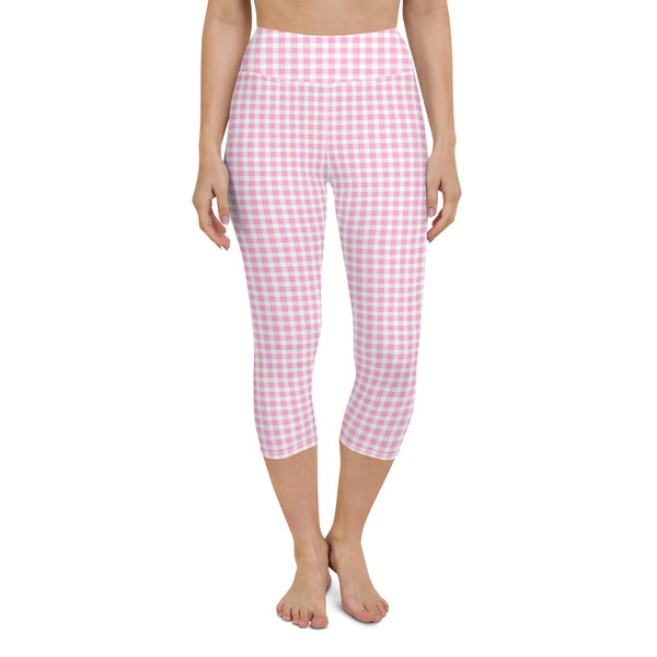 Scalloped Gingham Yoga Capri Leggings Light Pink