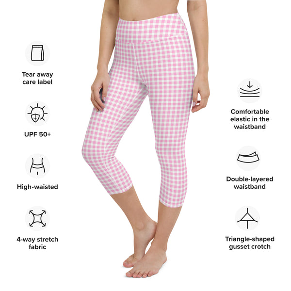 Scalloped Gingham Yoga Capri Leggings Light Pink