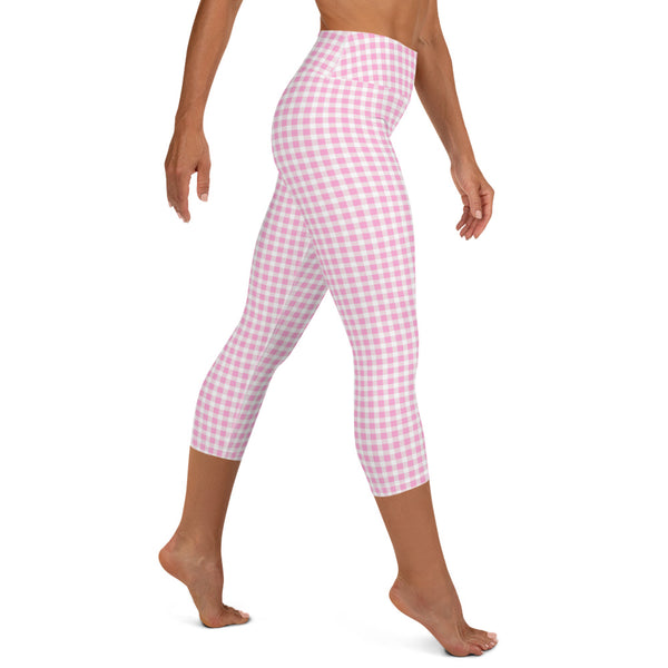 Scalloped Gingham Yoga Capri Leggings Light Pink