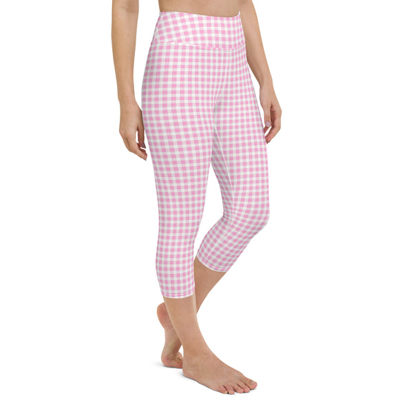 Scalloped Gingham Yoga Capri Leggings Light Pink