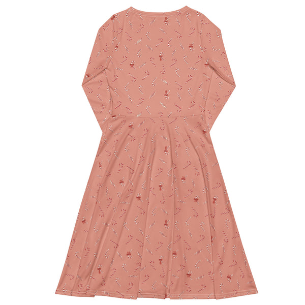 Holiday Candy Cane Bows long sleeve midi dress