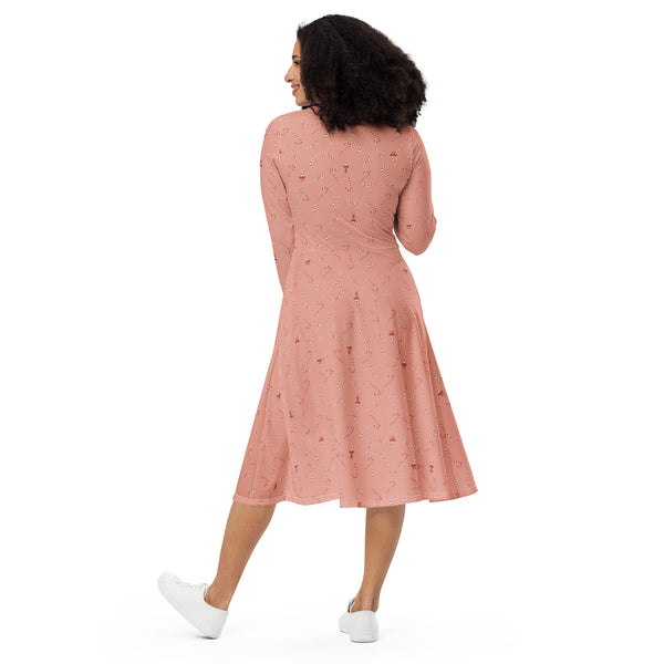 Holiday Candy Cane Bows long sleeve midi dress