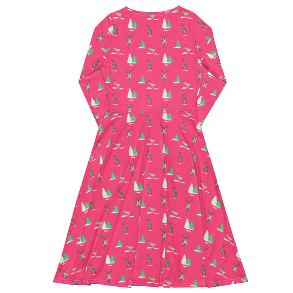 Holiday Reindeer Pink long sleeve midi dress