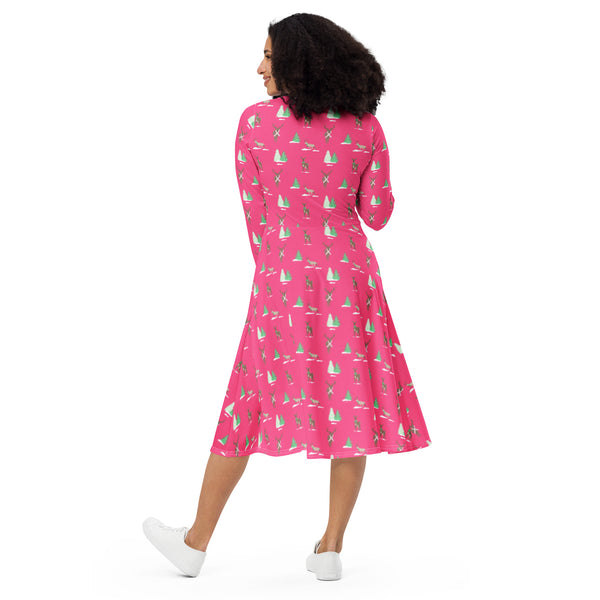 Holiday Reindeer Pink long sleeve midi dress
