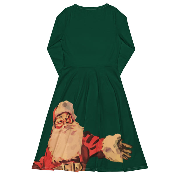 Happy Santa Claus print long sleeve midi dress - Green