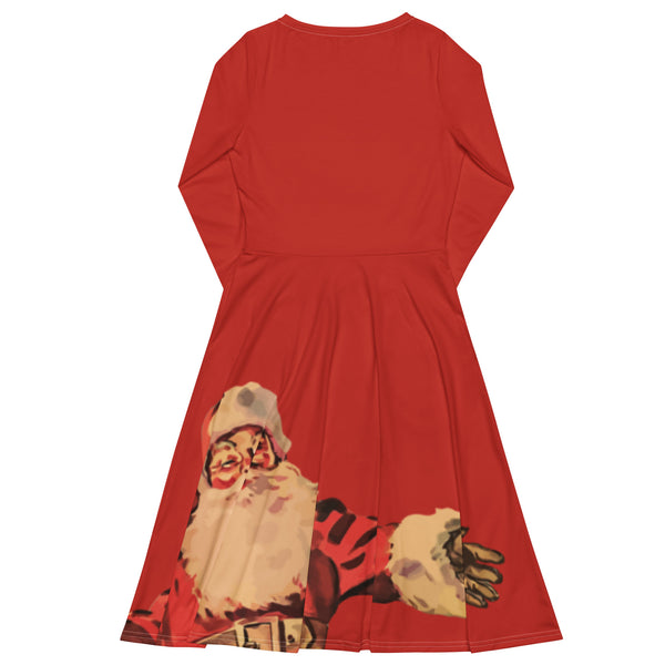 Happy Santa Claus print long sleeve midi dress - Red