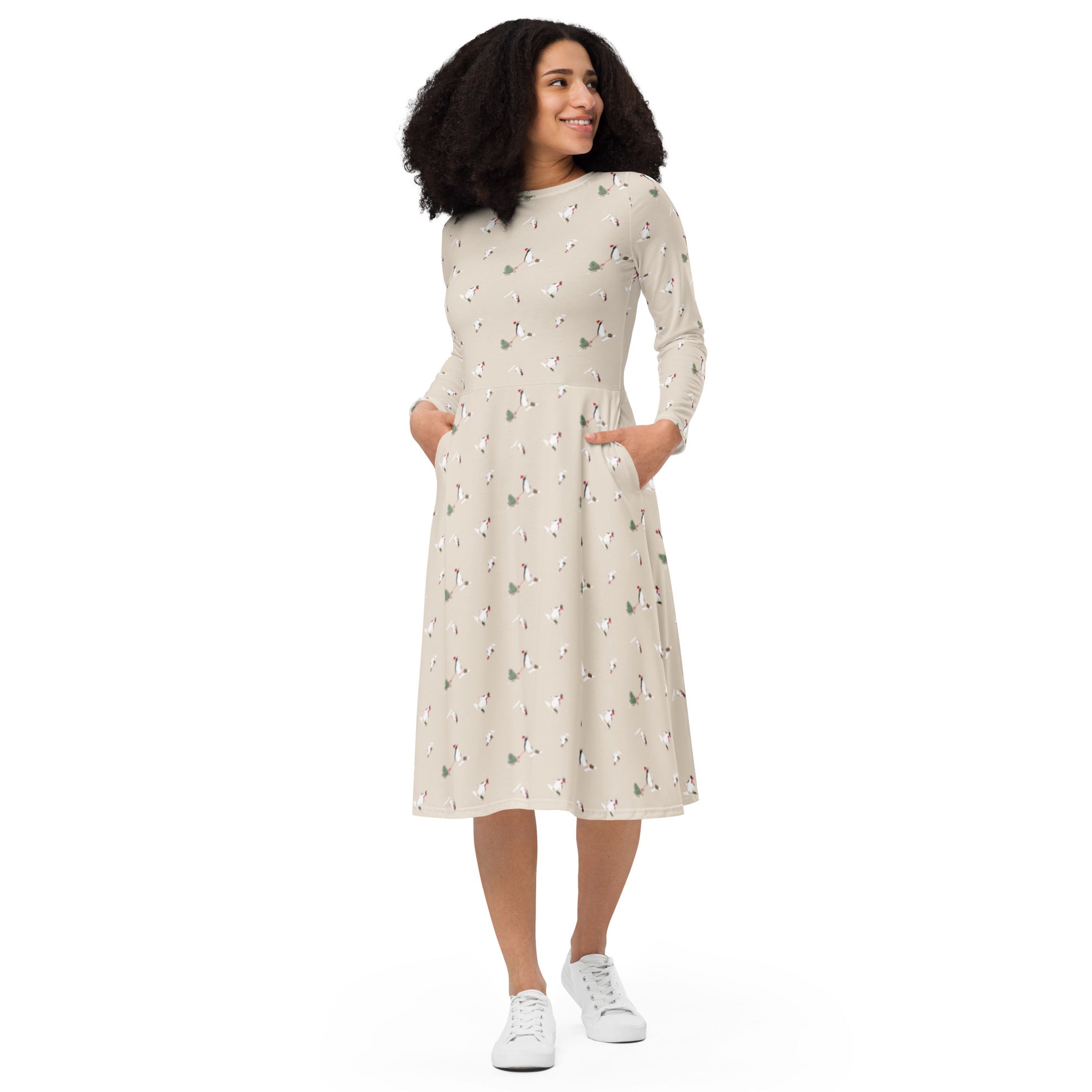 Holiday Penguins long sleeve midi dress