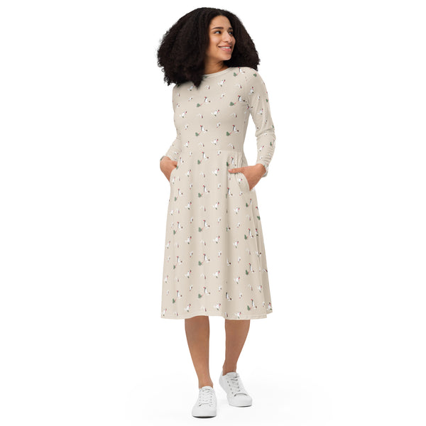 Holiday Penguins long sleeve midi dress