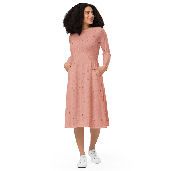 Holiday Candy Cane Bows long sleeve midi dress