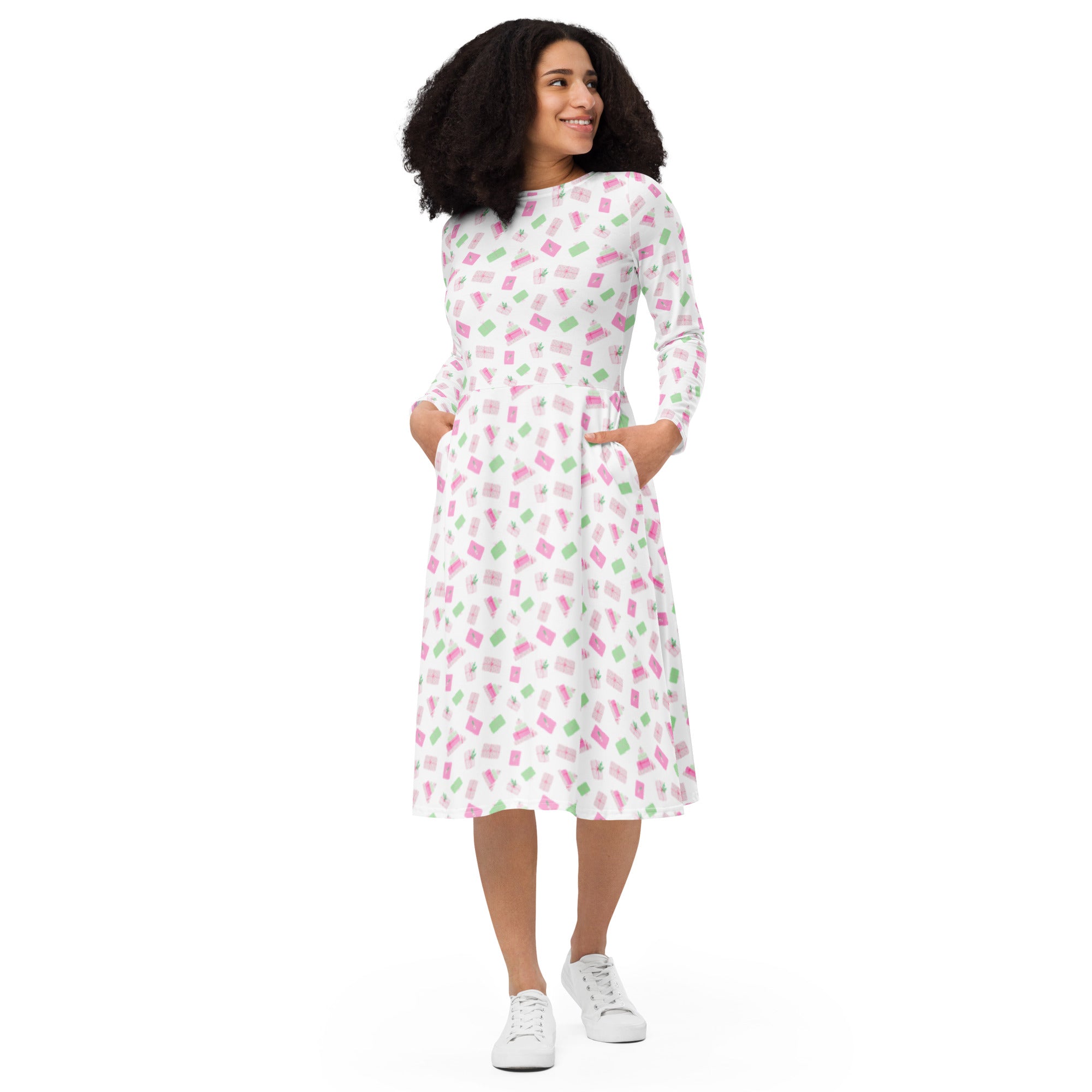 Holiday Presents long sleeve midi dress