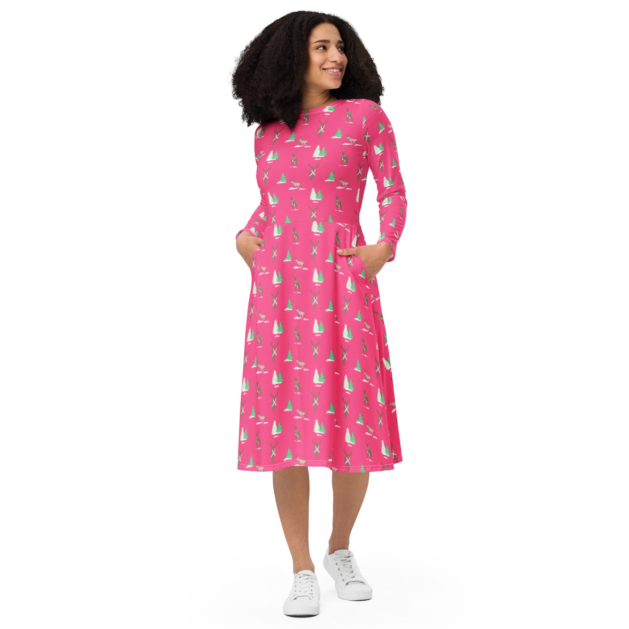 Holiday Reindeer Pink long sleeve midi dress