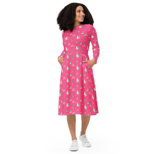 Holiday Reindeer Pink long sleeve midi dress