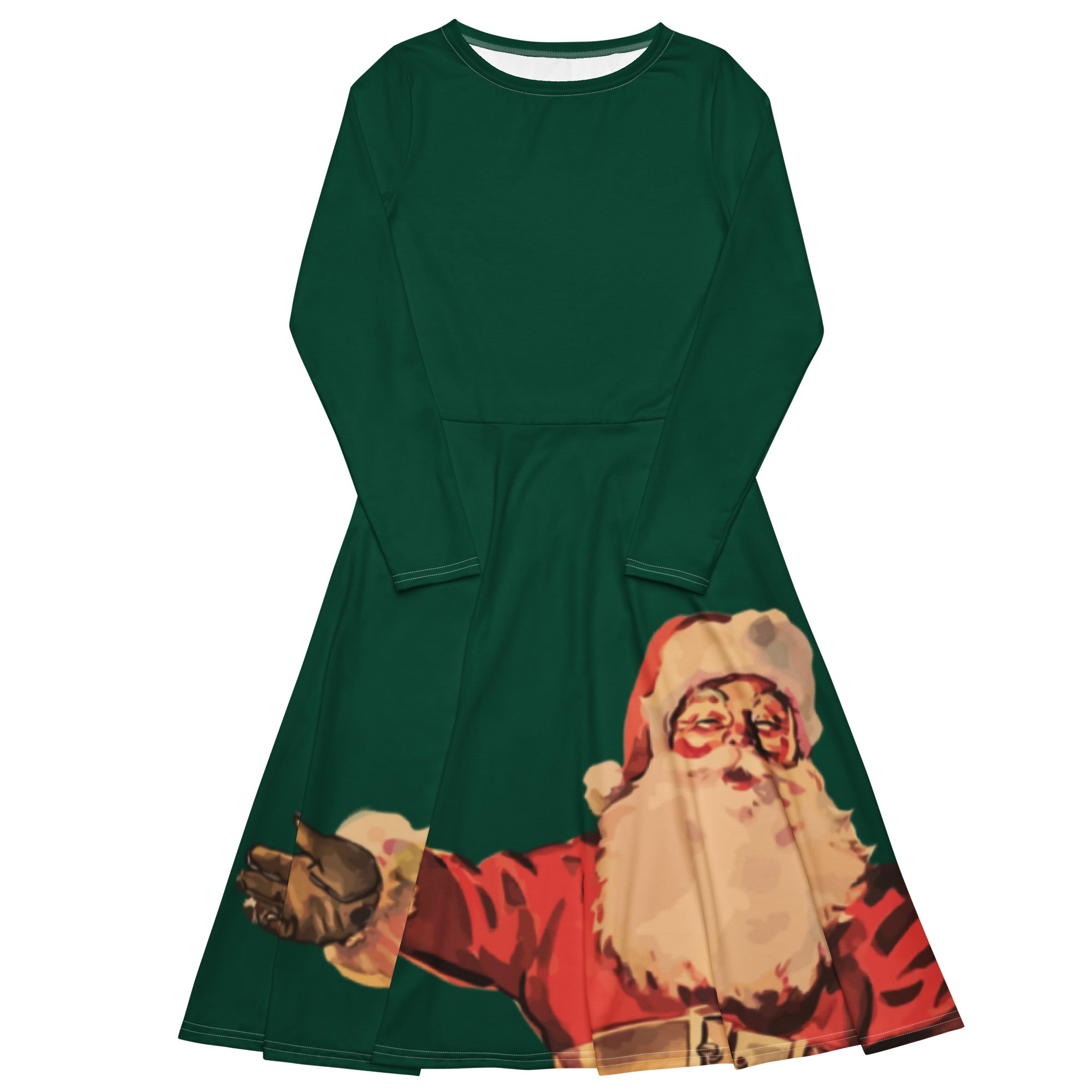 Happy Santa Claus print long sleeve midi dress - Green