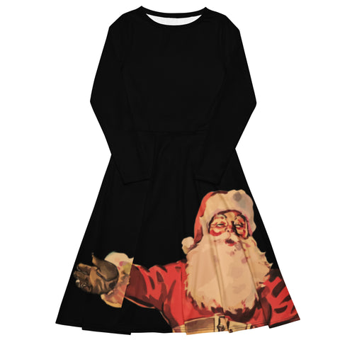 Happy Santa Claus print long sleeve midi dress - Black
