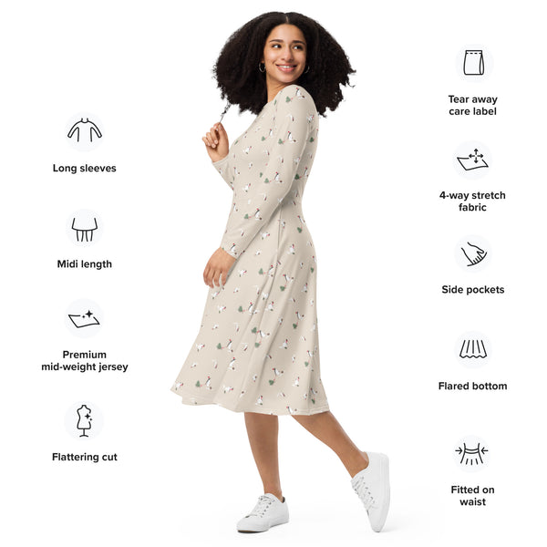 Holiday Penguins long sleeve midi dress