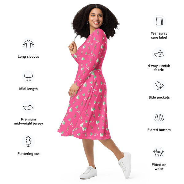 Holiday Reindeer Pink long sleeve midi dress