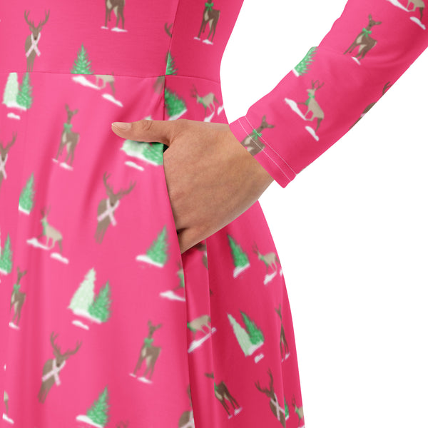Holiday Reindeer Pink long sleeve midi dress