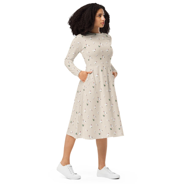 Holiday Penguins long sleeve midi dress