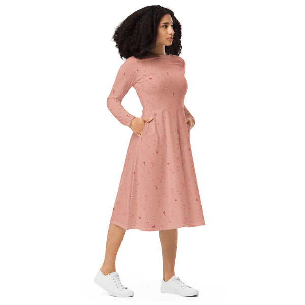 Holiday Candy Cane Bows long sleeve midi dress