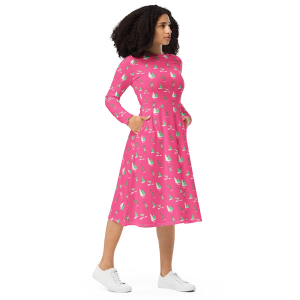 Holiday Reindeer Pink long sleeve midi dress