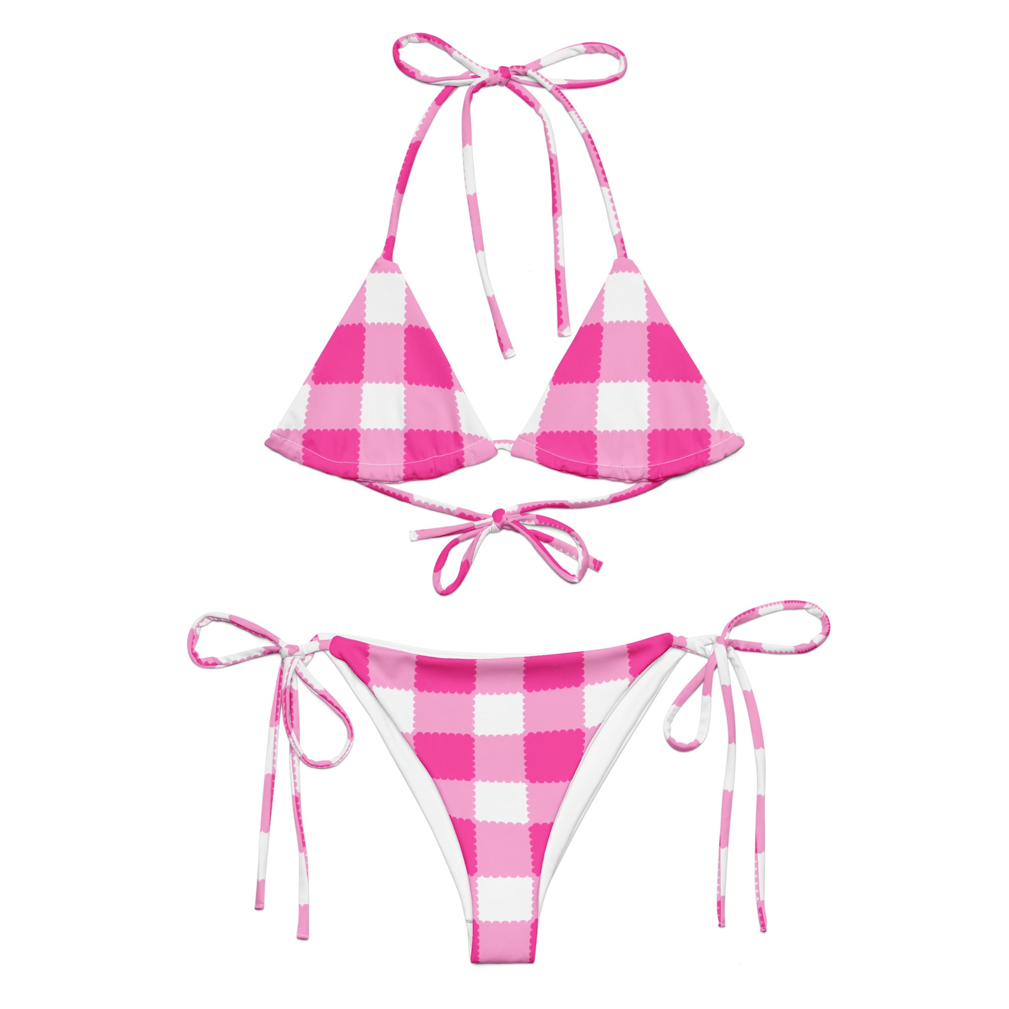 All-over Scalloped Gingham print recycled string bikini Bright Pink