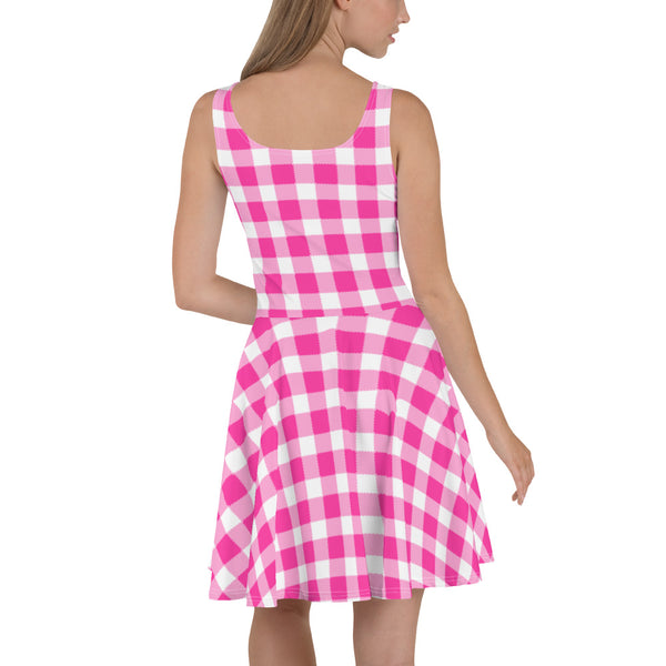 Scalloped Gingham Skater Dress Bright Pink