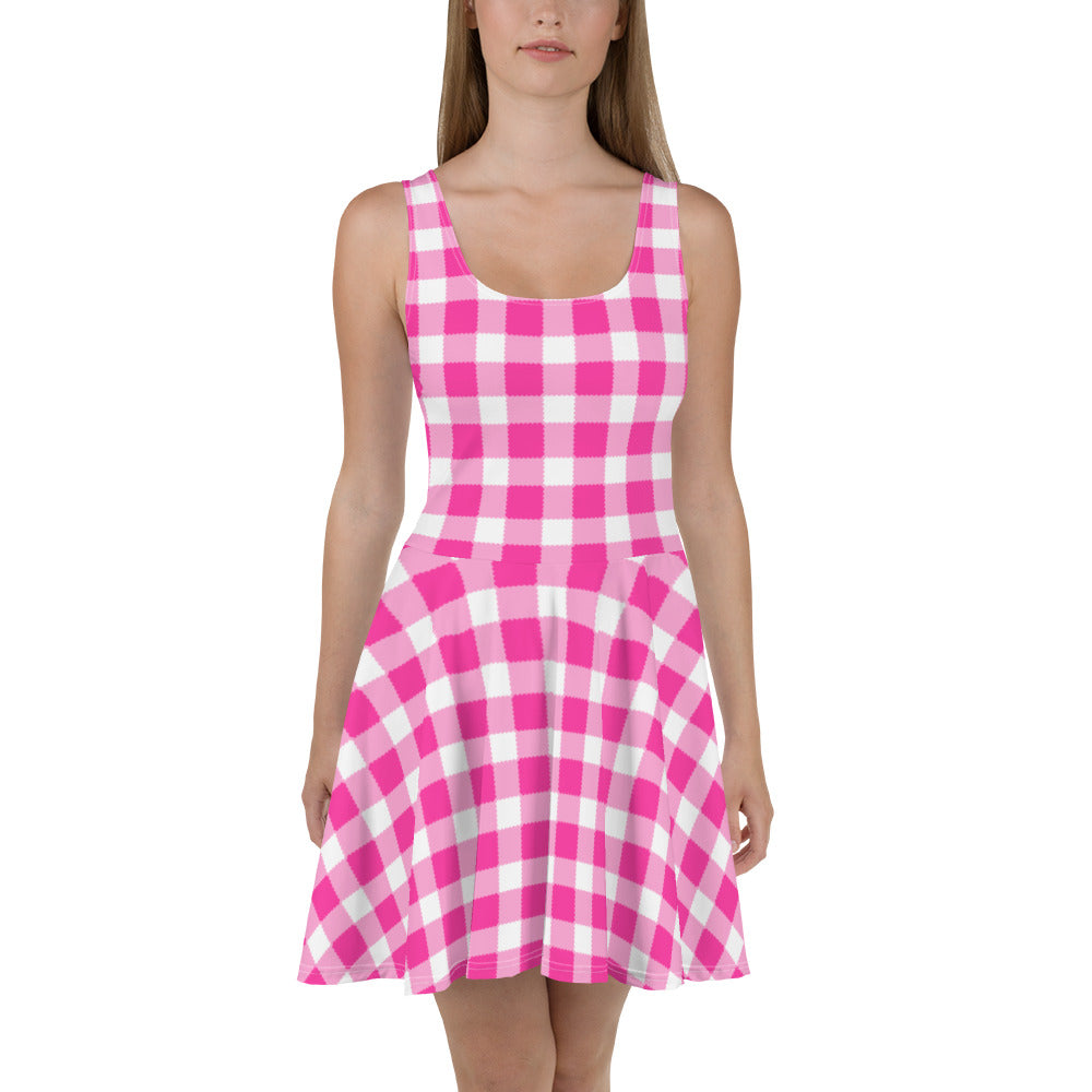 Scalloped Gingham Skater Dress Bright Pink