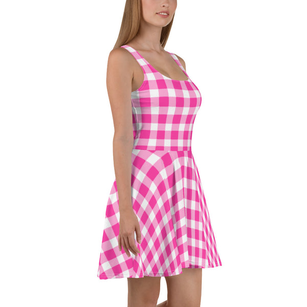 Scalloped Gingham Skater Dress Bright Pink