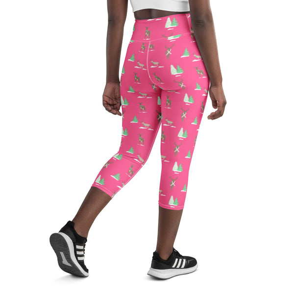 Holiday Reindeer Pink Yoga Capri Leggings