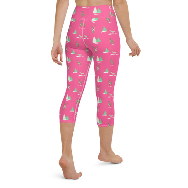 Holiday Reindeer Pink Yoga Capri Leggings