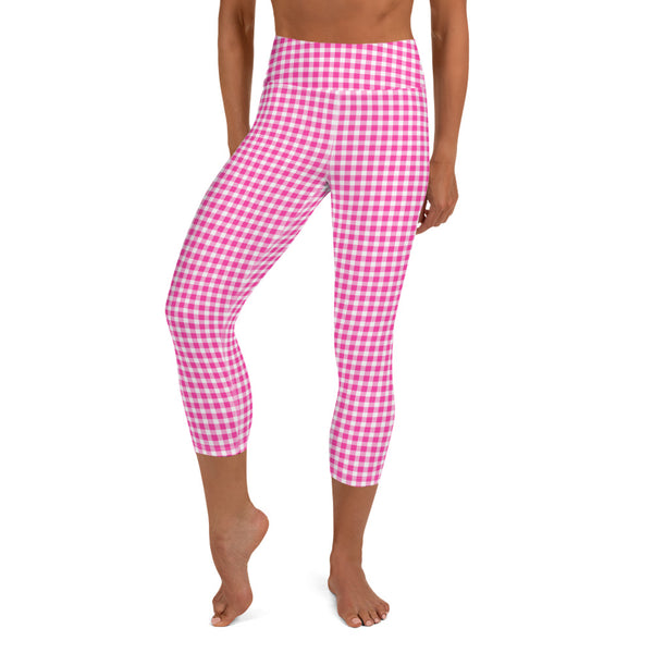 Scalloped Gingham Yoga Capri Leggings Bright Pink