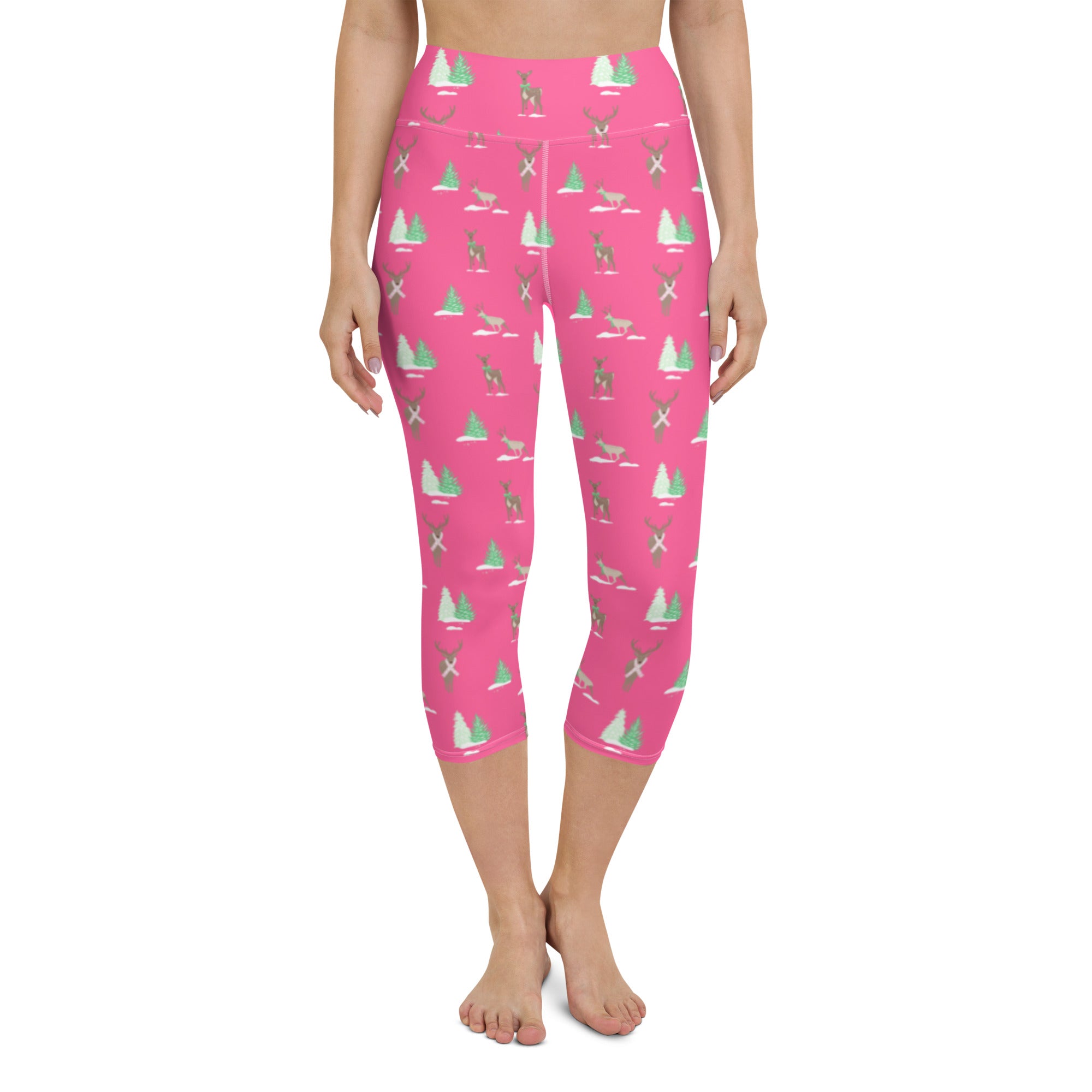 Holiday Reindeer Pink Yoga Capri Leggings
