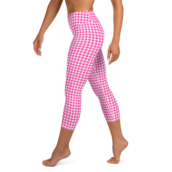Scalloped Gingham Yoga Capri Leggings Bright Pink