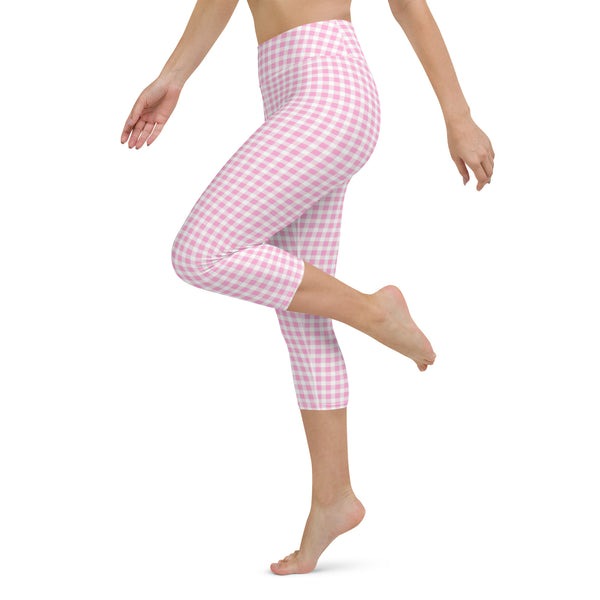 Scalloped Gingham Yoga Capri Leggings Light Pink