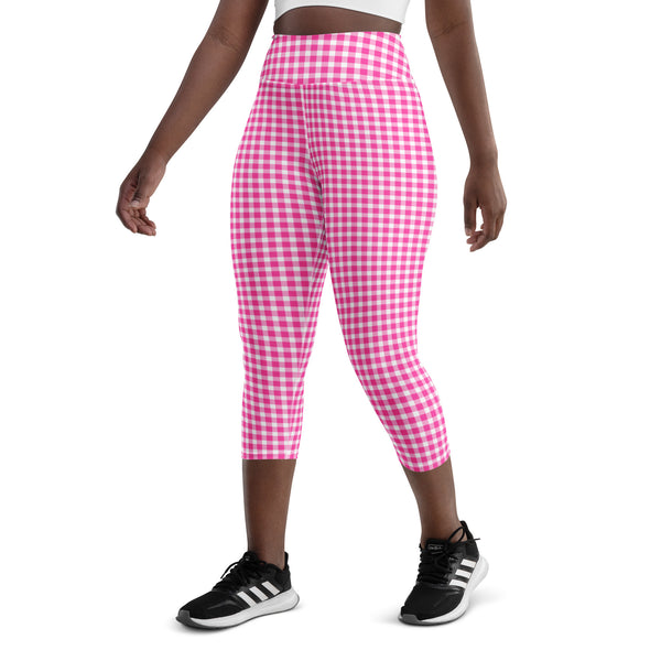 Scalloped Gingham Yoga Capri Leggings Bright Pink