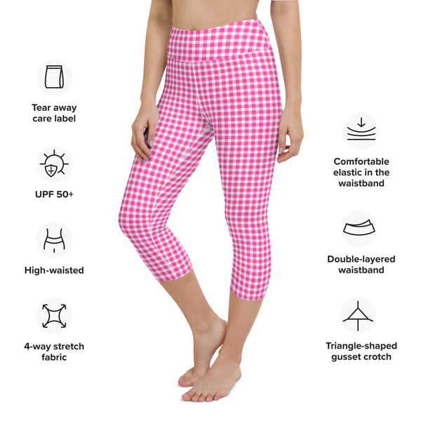 Scalloped Gingham Yoga Capri Leggings Bright Pink