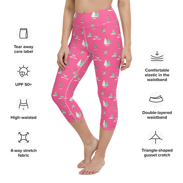 Holiday Reindeer Pink Yoga Capri Leggings