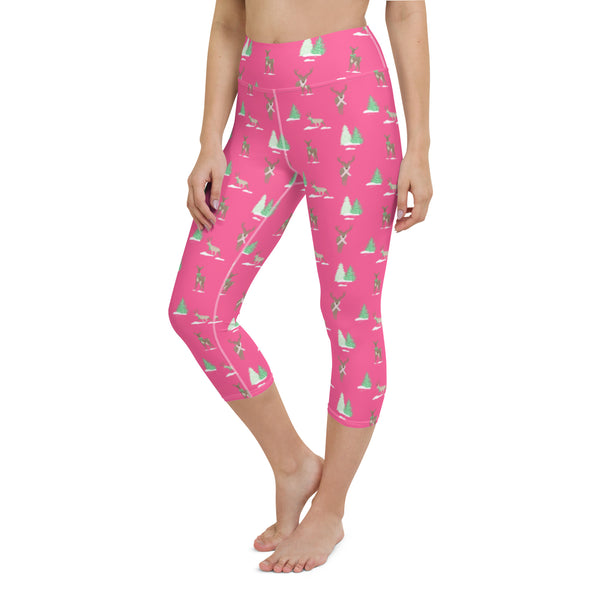 Holiday Reindeer Pink Yoga Capri Leggings