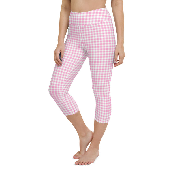 Scalloped Gingham Yoga Capri Leggings Light Pink