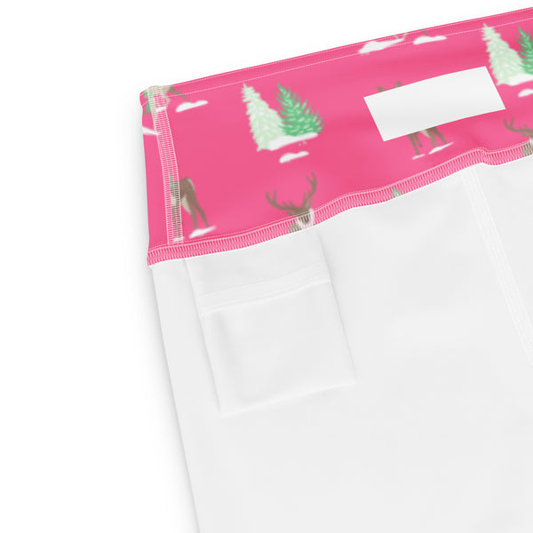 Holiday Reindeer Pink Yoga Capri Leggings