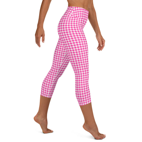 Scalloped Gingham Yoga Capri Leggings Bright Pink
