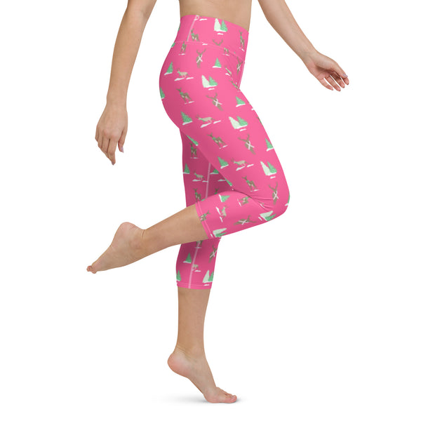 Holiday Reindeer Pink Yoga Capri Leggings