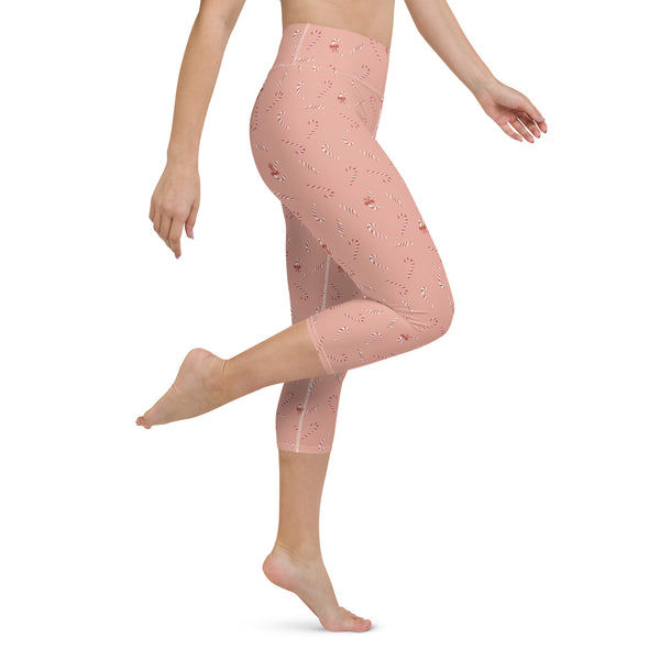 Holiday Candy Cane Bows Yoga Capri Leggings