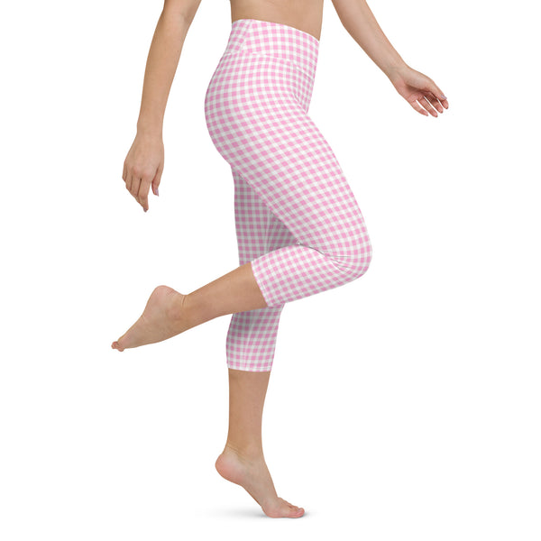 Scalloped Gingham Yoga Capri Leggings Light Pink
