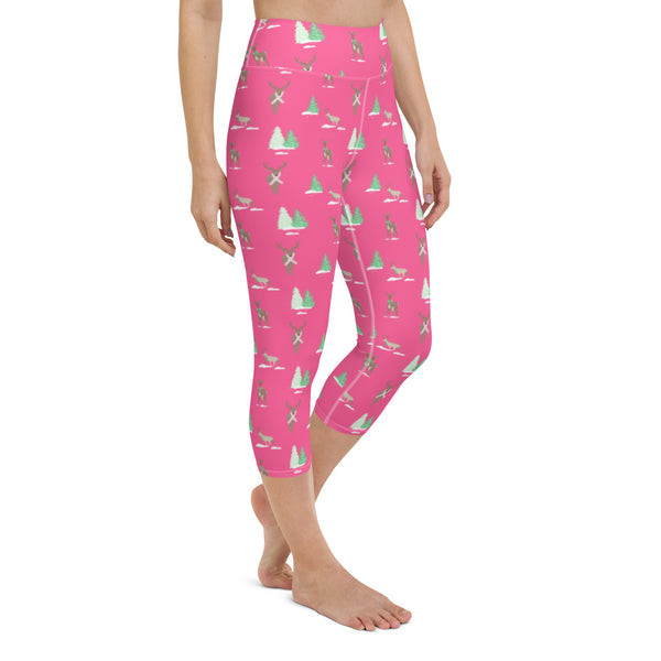Holiday Reindeer Pink Yoga Capri Leggings
