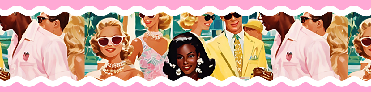 The Happy Fun Shop banner: retro party guests in sunglasses between pink wavy borders