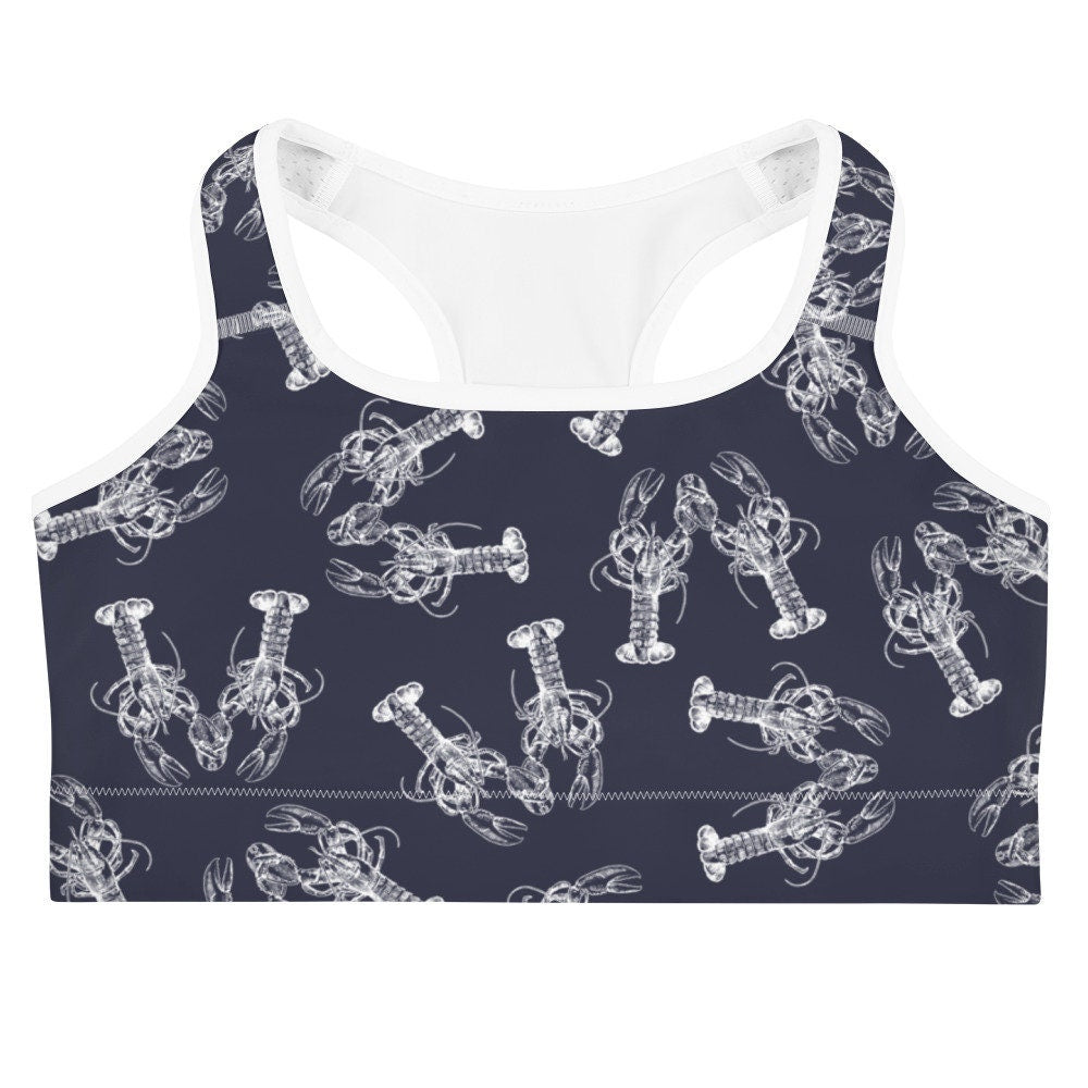 Nauti Love Lobster sports bra in navy and white by The Happy Fun Shop, photo 1 of 7
