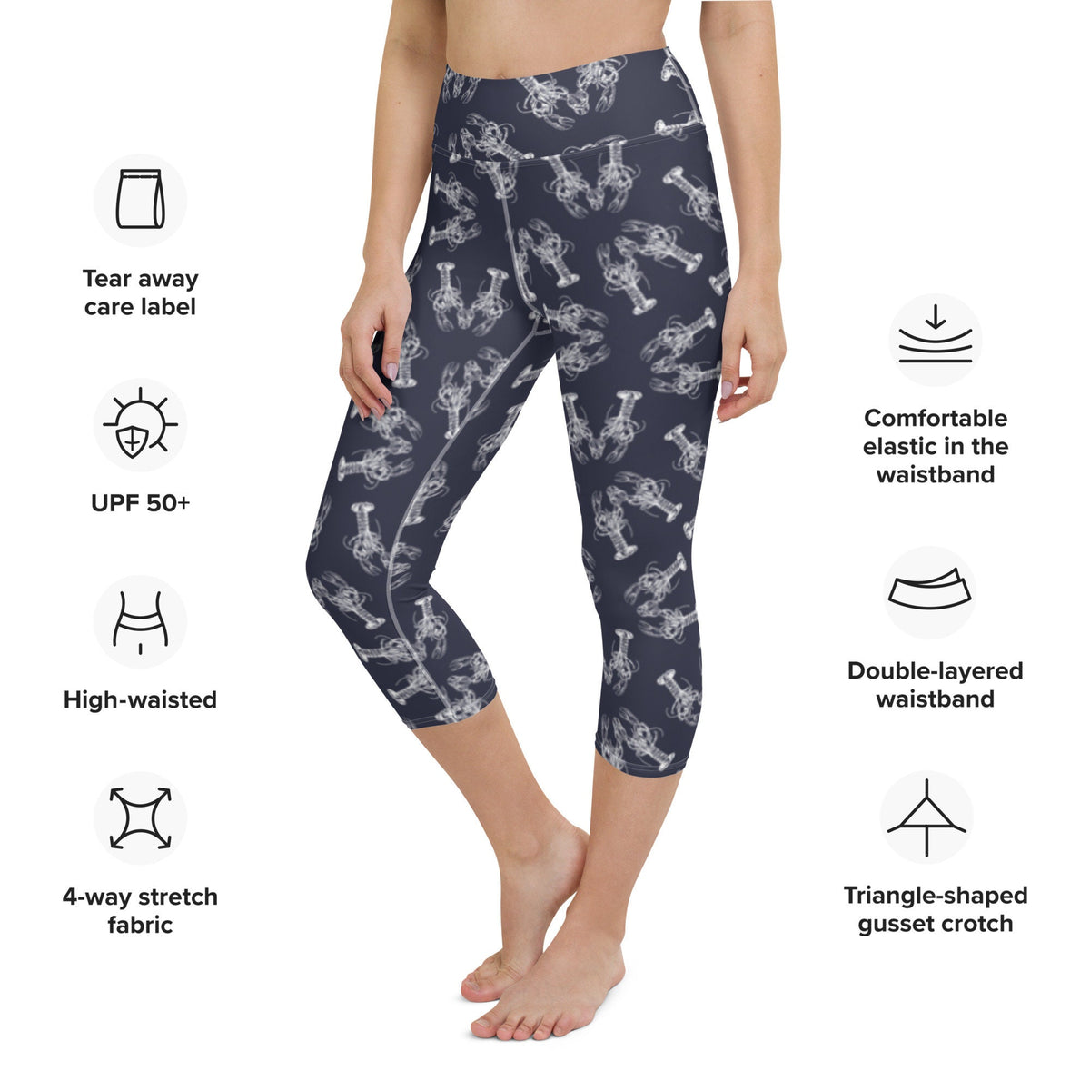 Nauti Love Lobster yoga capri leggings in navy and white by The Happy Fun Shop, photo 3 of 10