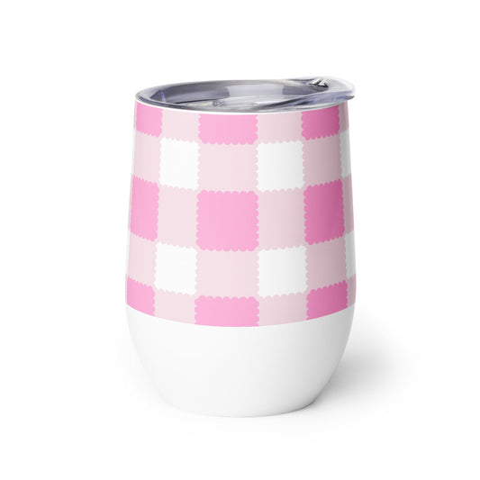 Scalloped Gingham Light Pink wine tumbler in light pink and white by The Happy Fun Shop, photo 1 of 7